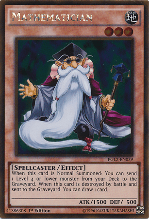 The Yu-Gi-Oh! Mathematician [PGL2-EN039] Gold Rare trading card features a Premium Gold gem of an elderly man with a long white beard, wearing glasses, a dark robe, and a graduation cap while holding a scroll. It offers 1500 attack and 500 defense points with summoning and drawing effects.