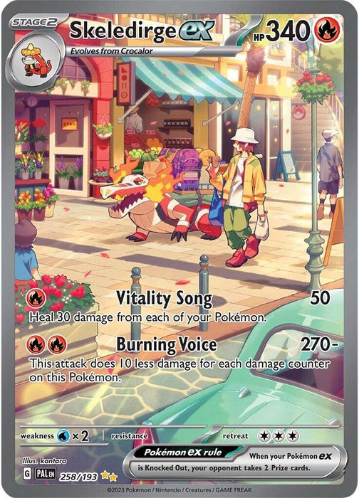 A Special Illustration Rare Pokémon Skeledirge ex (258/193) [Scarlet & Violet: Paldea Evolved] trading card. The card showcases Skeledirge, a red and white Fire-type crocodile-like Pokémon with flames around its head, walking in a sunny, vibrant market setting. Details include 340 HP, moves "Vitality Song" and "Burning Voice," and artist credit to Ilus. kantaro.