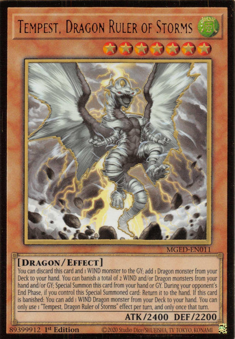 A Yu-Gi-Oh! trading card depicting "Tempest, Dragon Ruler of Storms [MGED-EN011] Gold Rare." The dragon is greyish with white glowing wings and lightning surrounding its body. This Gold Rare card from Maximum Gold: El Dorado has an ATK of 2400, DEF of 2200, is a WIND attribute Effect Monster with Dragon/Effect type and includes extensive text detailing its abilities.