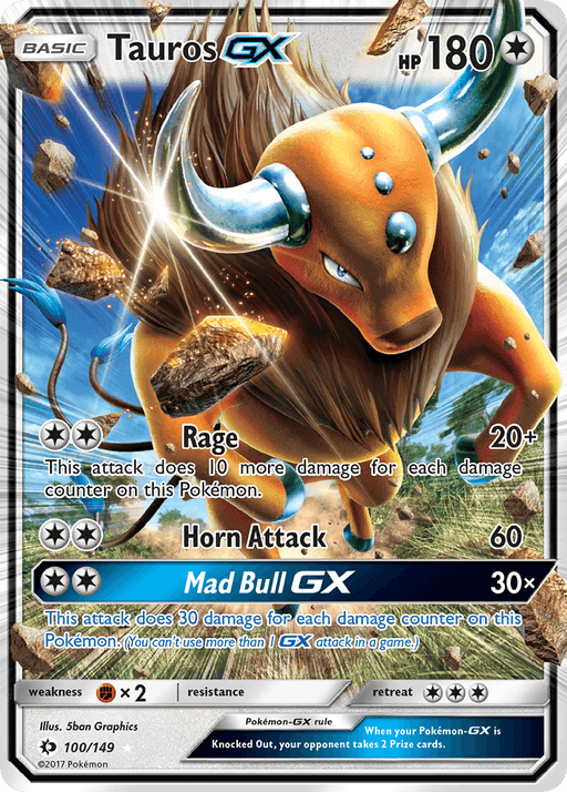 A Pokémon Tauros GX (100/149) [Sun & Moon: Base Set] card with 180 HP. The illustrated, Colorless Tauros is charging fiercely with glowing eyes, sparks, and a dynamic blue background. An Ultra Rare card, it features Rage, Horn Attack, and Mad Bull GX moves alongside weaknesses, illustrator details, and retreat cost. It's numbered 100/149.