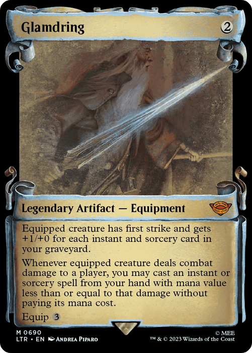 A "Glamdring [The Lord of the Rings: Tales of Middle-Earth Showcase Scrolls]" Magic: The Gathering card. It features a sword emanating bright white light, wielded by a cloaked figure. This Legendary Artifact - Equipment card, with a casting cost of 2 and an equip cost of 3, offers special abilities including first strike—a true homage to The Lord of the Rings lore.