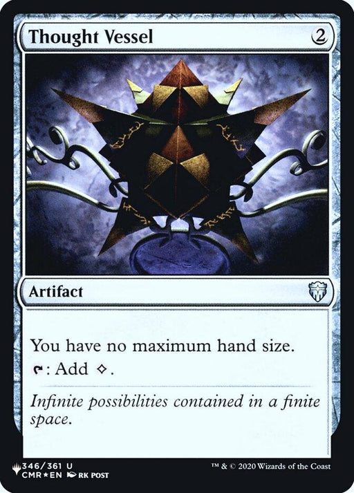 A "Magic: The Gathering" card titled "Thought Vessel [Secret Lair: Heads I Win, Tails You Lose]." This Magic: The Gathering artifact, costing 2 colorless mana, lets you have no maximum hand size and can be tapped to add one colorless mana. The art depicts a geometric vessel emitting tendrils of energy, symbolizing infinite possibilities.