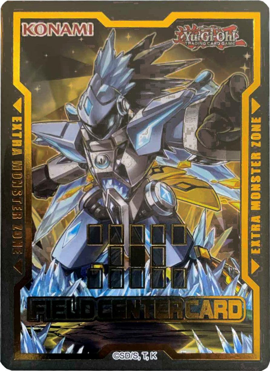 Yu-Gi-Oh! Field Center Card: Crystron Halqifibrax (Yu-Gi-Oh! Day 2020) Promo featuring a futuristic armored character with blue, silver, and black hues standing in a dramatic pose, surrounded by glowing crystals. This promotional card, perfect for tournaments, displays 