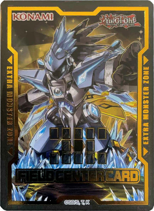 Yu-Gi-Oh! Field Center Card: Crystron Halqifibrax (Yu-Gi-Oh! Day 2020) Promo featuring a futuristic armored character with blue, silver, and black hues standing in a dramatic pose, surrounded by glowing crystals. This promotional card, perfect for tournaments, displays "EXTRA MONSTER ZONE" text on the sides and the KONAMI and Yu-Gi-Oh! logos at the top corners.