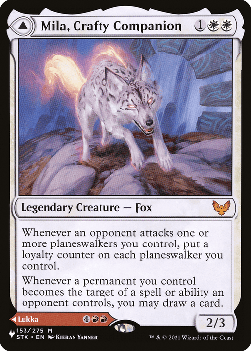 A Magic: The Gathering card featuring "Mila, Crafty Companion // Lukka, Wayward Bonder [Secret Lair: From Cute to Brute]." This mythic card showcases a fox with white fur and glowing eyes, surrounded by a magical aura. It's a legendary creature with abilities linked to opponent attacks and drawing cards when permanents are targeted. The background is a mystical forest with rocky terrain.