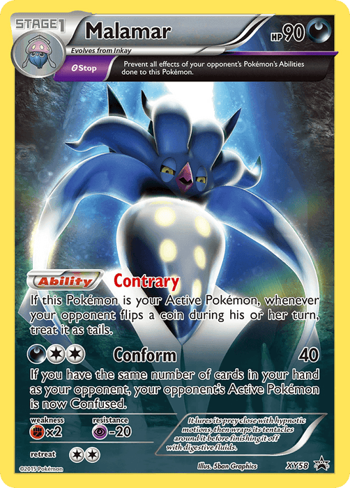 An image of a Pokémon trading card featuring Malamar (XY58) [XY: Black Star Promos]. The card has a yellow border and is identified as a Stage 1 Pokémon that evolves from Inkay. This Black Star Promo card boasts 90 HP, is a Dark type, and showcases abilities such as "Contrary" and "Conform." The promo includes various game details and stats.