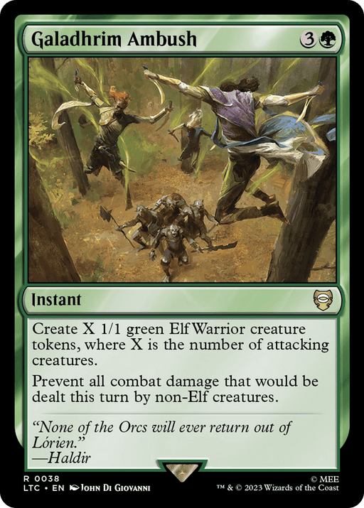 A Magic: The Gathering Rare Instant card titled "Galadhrim Ambush [The Lord of the Rings: Tales of Middle-Earth Commander]." The artwork depicts armored Elves ambushing Orcs in a forest. The card text reads: "Create X 1/1 green Elf Warrior creature tokens, where X is the number of attacking creatures. Prevent all combat damage that would be dealt this turn by non-Elf creatures." Part of *Magic: The Gathering.*