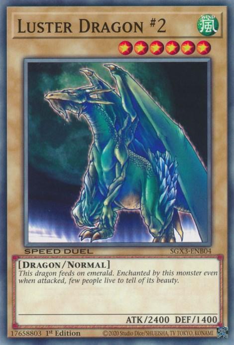 A Yu-Gi-Oh! trading card featuring "Luster Dragon #2 [SGX3-ENB04] Common," a Normal Monster with Common Rarity. The card showcases a majestic green dragon with intricate blue accents on its wings and body, has a "WIND" attribute, level 6 stars, and is compatible with Speed Duel GX. It boasts 2400 attack points and 1400 defense points. The card text