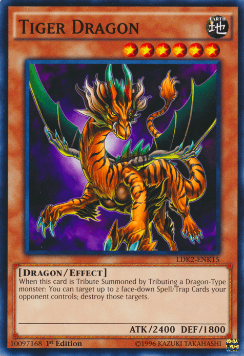 An image of the "Tiger Dragon [LDK2-ENK15] Common" Yu-Gi-Oh! trading card from the Legendary Decks II. The card features an illustration of a dragon with tiger-like stripes, wings, and a menacing expression. As a Dragon/Effect monster, it has 2400 ATK and 1800 DEF, with a special ability triggered by tributing a Dragon-Type monster.