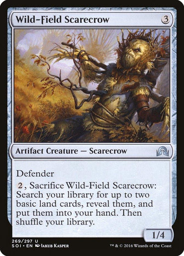 A Magic: The Gathering card from Shadows over Innistrad, "Wild-Field Scarecrow," is an Artifact Creature with defender. It shows a wooden straw scarecrow, can be sacrificed to search for land cards, and has 1 power and 4 toughness.