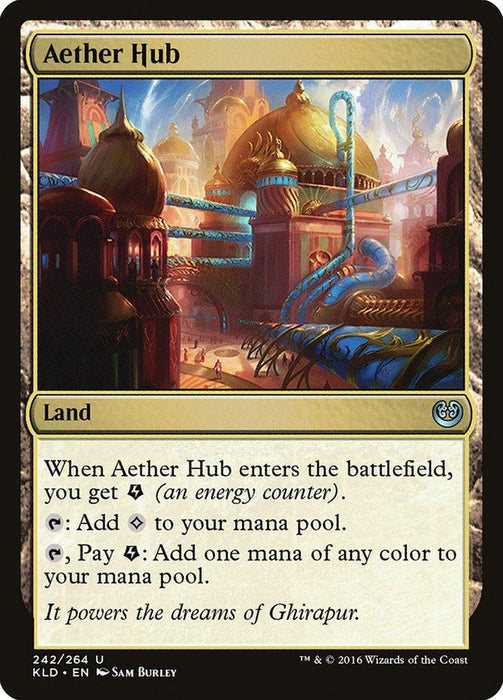 Aether Hub [Kaladesh] Magic: The Gathering card. It's a land type card from the Kaladesh set. The card art depicts a vibrant, intricate, and futuristic cityscape with large glowing dome structures. Below the image, the text describes Aether Hub's abilities related to mana generation and energy counters.