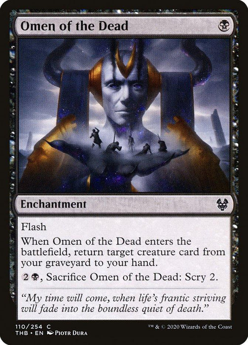 The "Omen of the Dead [Theros Beyond Death]" Magic: The Gathering card features an enchantment spell. Its artwork depicts a ghostly, armored figure emerging from a starry background while holding a limp body. The card text describes its abilities: returning a creature card from the graveyard and scrying.