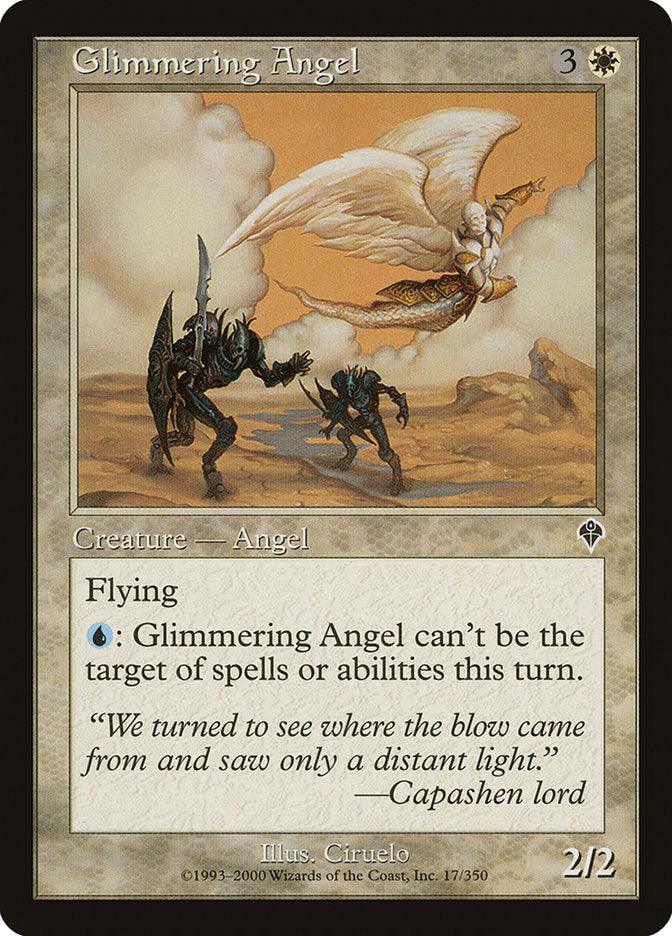 The "Glimmering Angel" card from Magic: The Gathering's Invasion set depicts a winged angel dressed in white, gracefully flying over two armored creatures on rugged terrain. It possesses the Shroud ability to evade spells and features a quote from a Capashen lord. Copyright 1993-2000.