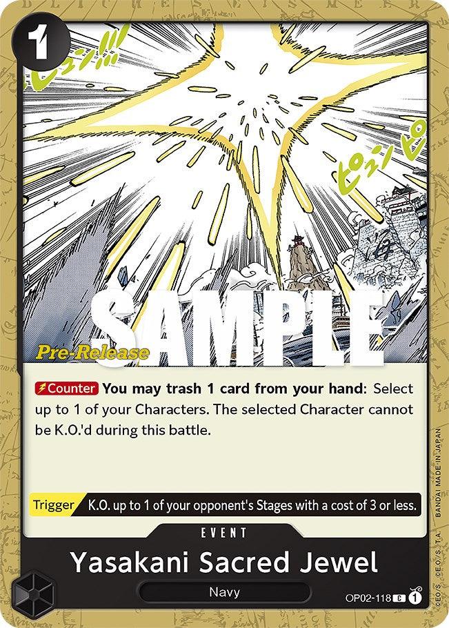 The trading card "Yasakani Sacred Jewel [Paramount War Pre-Release Cards]" from the One Piece Card Game by Bandai showcases an action-packed scene with a central explosion and a "SAMPLE" watermark on the image. As part of the Navy, this card includes specific effects and descriptions aimed at K.O.ing opponents.