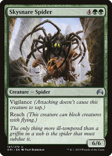 The Skysnare Spider card from Magic Origins by Magic: The Gathering features a Creature — Spider with green eyes perched in its web, entangled around large prey. This card, numbered 197/272, highlights its vigilance and reach abilities along with its power/toughness of 6/6.