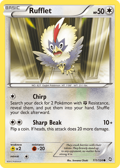 A common Pokémon card for the Colorless Rufflet with 50 HP. It showcases Rufflet, an eaglet Pokémon, perched in a grand hall with light streaming in. The card features two moves: Chirp and Sharp Beak, along with its Weakness, Resistance, and Retreat Cost. Numbered Rufflet (111/124) [Black & White: Dragons Exalted] from Pokémon.