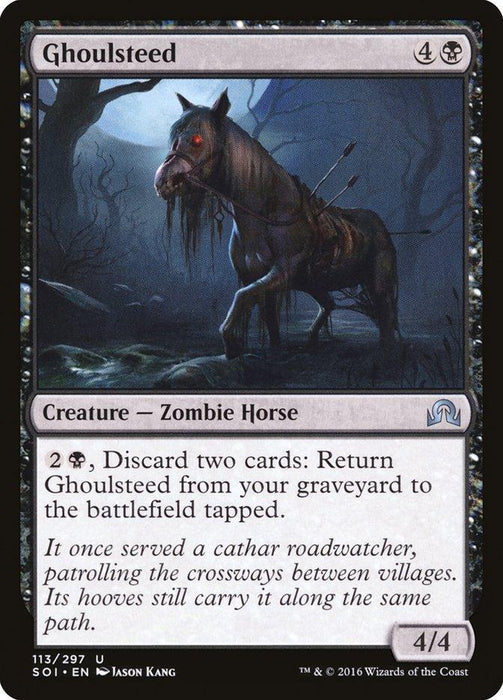 A Magic: The Gathering card from Shadows over Innistrad named **"Ghoulsteed [Shadows over Innistrad]"** features artwork of a zombie horse with a tattered body and glowing red eyes, standing in a dark, eerie forest. The card's mana cost is four colorless and one black. It has abilities and flavor text, with a power/toughness of 4/4.
