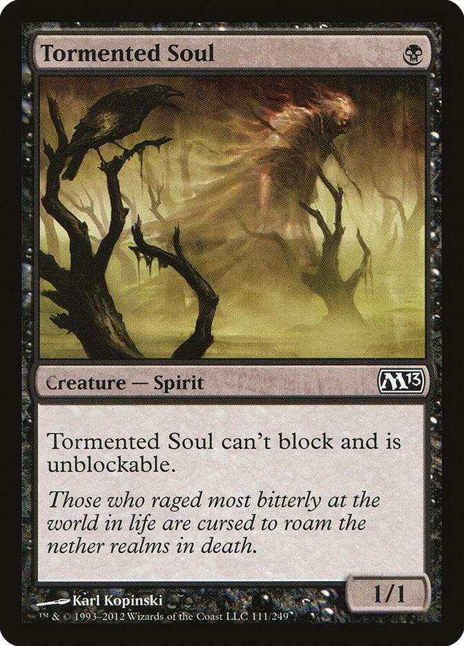 The Magic: The Gathering card from the 2013 edition, "Tormented Soul," displays haunting imagery of a ghostly Spirit wandering through a fog-shrouded, twisted landscape. This black creature card featuring power and toughness of 1/1 is unblockable and cannot block, providing an intriguing strategic element to your deck.