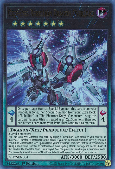 The image features a Yu-Gi-Oh! card titled "Odd-Eyes Rebellion Dragon Overlord [GFP2-EN004] Ultra Rare" from the "Ghosts From the Past" series. It displays a futuristic, robotic dragon with dark armor, red and black wings, and sharp claws against an electric blue background. The card boasts stats of 3000 ATK and 2500 DEF, along with detailed text.