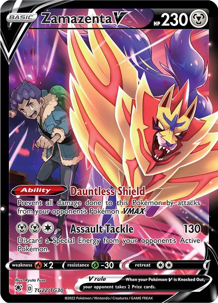 A Secret Rare Pokémon trading card featuring Zamazenta V (TG22/TG30) [Sword & Shield: Astral Radiance] from Pokémon with 230 HP. This majestic, Metal-type Pokémon appears mid-leap with a fiery aura and armor. Its abilities include 