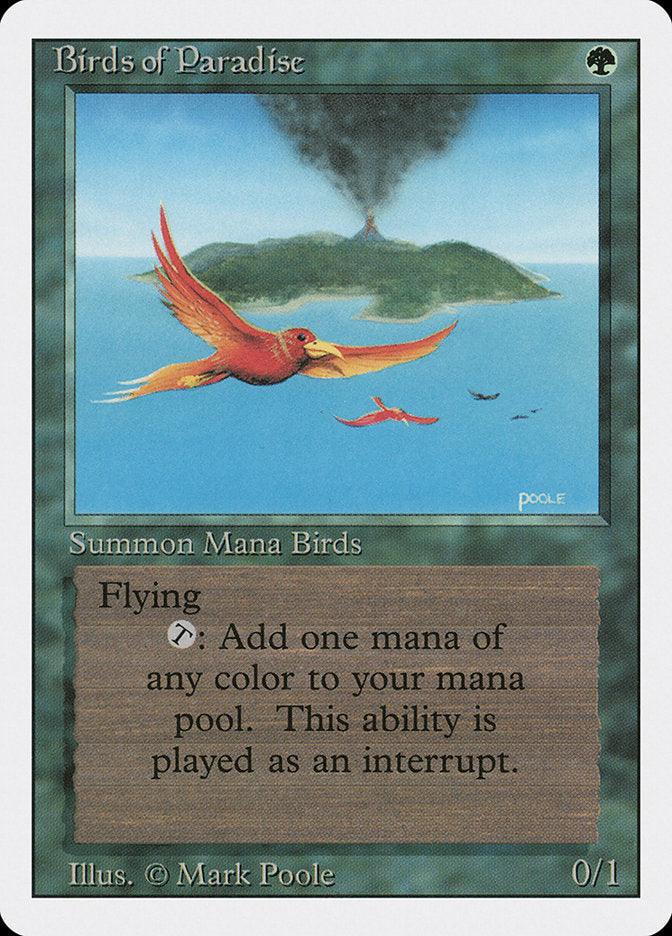 The "Birds of Paradise [Revised Edition]" card from Magic: The Gathering features a beautifully illustrated flying creature by Mark Poole, depicting a vibrantly colorful bird gliding over an island with a smoking volcano in the background. This card enables players to add one mana of any color to their pool.