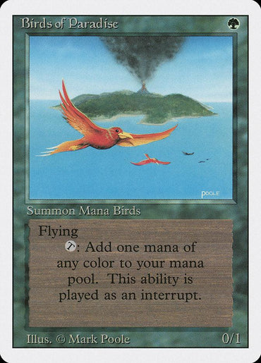 The "Birds of Paradise [Revised Edition]" card from Magic: The Gathering features a beautifully illustrated flying creature by Mark Poole, depicting a vibrantly colorful bird gliding over an island with a smoking volcano in the background. This card enables players to add one mana of any color to their pool.