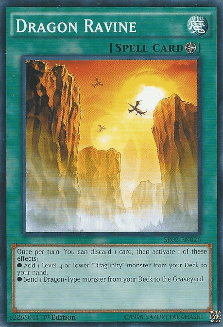 A Yu-Gi-Oh! trading card titled "Dragon Ravine [SR02-EN026] Common." Category: Field Spell Card. The image shows a narrow ravine with steep rocky cliffs on either side under a vibrant sunset sky. Two dragons are flying toward the horizon. Instructions and effects text, beneficial to Dragunity monsters, are in small print at the card's bottom.