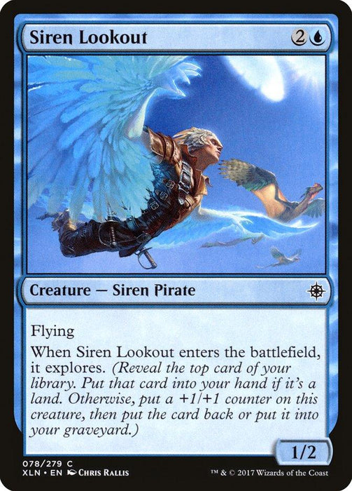 A Magic: The Gathering product titled "Siren Lookout [Ixalan]". It features an image of a winged humanoid creature flying in the sky. The blue card, costing 2U, is a Siren Pirate with power/toughness of 1/2 and an ability that triggers when it enters the battlefield.