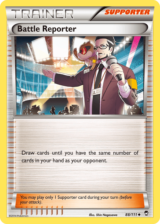A Pokémon trading card from the XY: Furious Fists set, featuring an Uncommon Supporter Trainer named Battle Reporter (88/111) [XY: Furious Fists]. The card depicts a man in a suit holding a microphone, standing in a stadium with bright lights and cheering crowds. A small pink creature is perched on his shoulder. The card instructs to draw cards until having the same number as the opponent.

