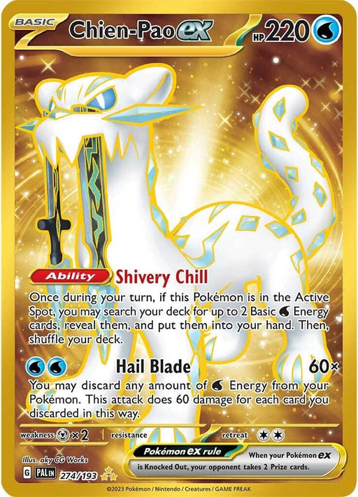 The image shows a Hyper Rare Pokémon trading card featuring Chien-Pao ex (274/193) [Scarlet & Violet: Paldea Evolved] with an HP of 220 and Water typing. The card's name, abilities, moves, and other details are displayed in various sections, along with gold accents that highlight its special attributes from the Pokémon series.