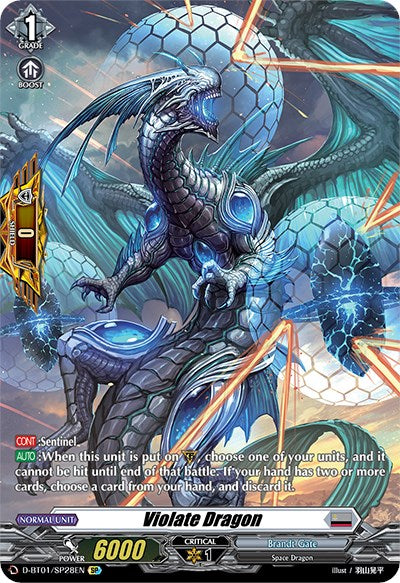 Introducing the "Violate Dragon (D-BT01/SP28EN) [Genesis of the Five Greats]" by Bushiroad, a captivating fantasy trading card. This shiny, blue, serpentine Space Dragon boasts glowing scales and multiple clawed limbs. The card's details highlight its grade (1), power (6000), and affiliation with the Brandt Gate clan. Its special abilities within Genesis of the Five Greats are detailed in the accompanying text.