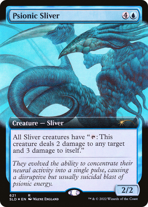 The "Psionic Sliver (Extended Art) [Secret Lair Drop Promos]" card from Magic: The Gathering costs 4 blue mana and features artwork by Wayne England, depicting an alien-like Sliver creature with multiple limbs. This uncommon card enables all Slivers to deal 2 damage to any target and 3 damage to themselves. It is classified as a 2/2 creature.