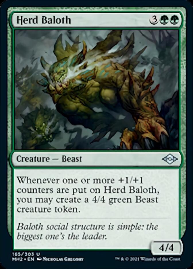 The Magic: The Gathering card "Herd Baloth" from Modern Horizons 2 showcases a green, muscular Creature Beast adorned with spikes on its back. Its text box states, "Whenever one or more +1/+1 counters are put on Herd Baloth, you may create a 4/4 green Beast creature token." The casting cost for the card is five mana (3 generic and 2 green).