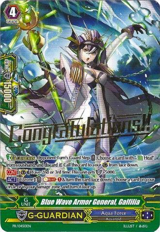 A colorful promo rare trading card features "Blue Wave Armor General, Galfilia (PR/0450EN)" from Bushiroad's Promo Cards. The character, a G-Guardian, is armored in white and green with a large spear against a dynamic watery background. Attributes and skills are listed below with "Congratulation!!" text overlaid diagonally.