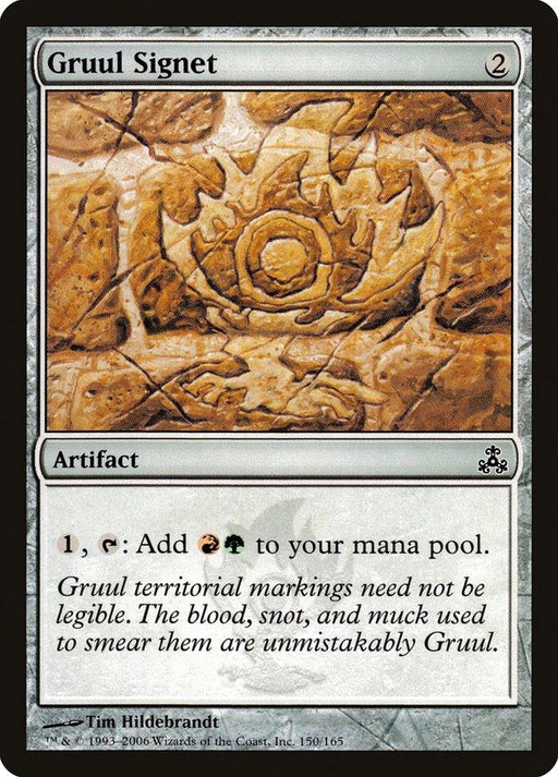 The image is of a Magic: The Gathering card named "Gruul Signet [Guildpact]," from the Guildpact series. The card's border is black, with a central image depicting a carved Golgari symbol in earthy tones. Below the image, the text reads: "1, Tap: Add Red Green to your mana pool. Gruul territorial markings need not be legible. The blood,