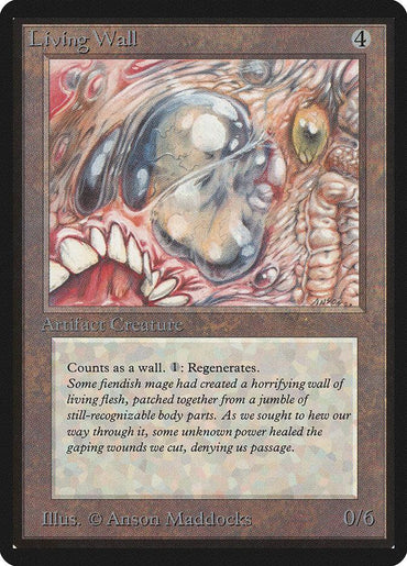 The card "Living Wall [Beta Edition]" from Magic: The Gathering features artwork by Anson Maddocks, illustrating a grotesque wall composed of living flesh with visible human and monster parts, including an eye and teeth. This artifact creature has 0/6 power and toughness and the ability to regenerate.