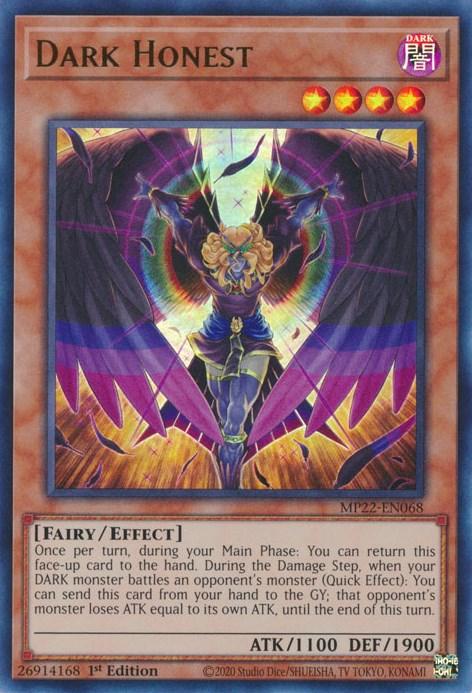 The image showcases a Yu-Gi-Oh! trading card named "Dark Honest [MP22-EN068] Ultra Rare," an Ultra Rare fairy/effect monster from the 2022 Tin of the Pharaoh's Gods. With 1100 ATK and 1900 DEF, it depicts a dark figure with wings and an aura, standing in a dynamic, glowing background. The card has game text detailing its effect.