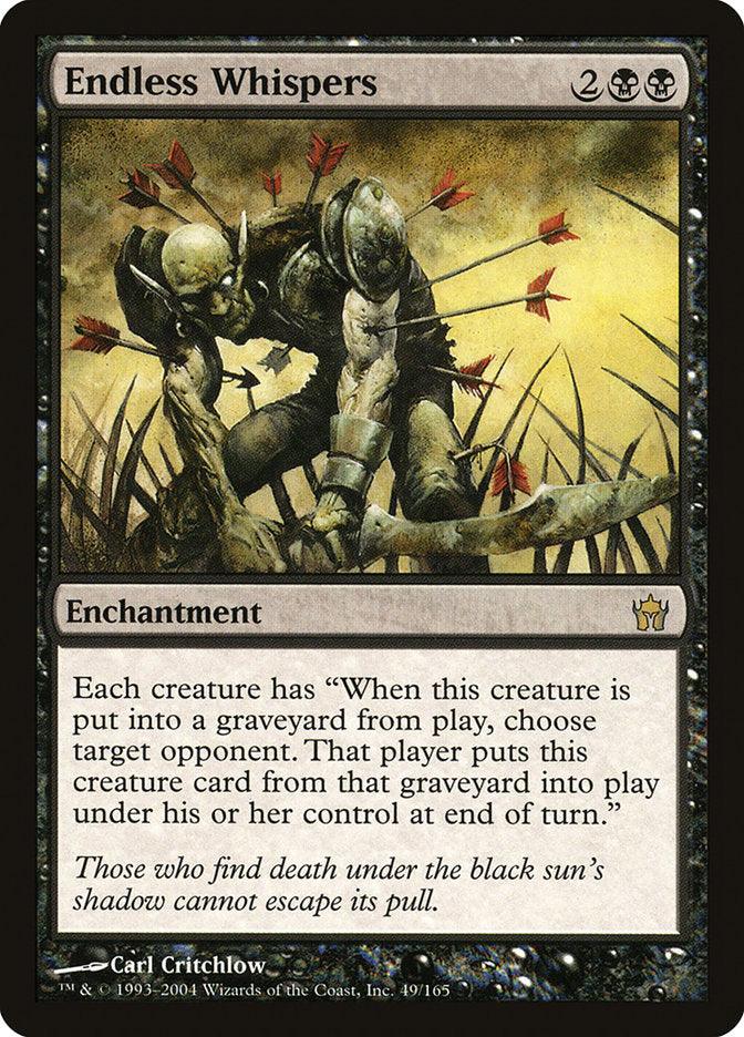 The Magic: The Gathering card "Endless Whispers [Fifth Dawn]" showcases a haunting illustration of a creature with frayed wings and extended arms, lurking beside a skeletal figure in desolate settings. This rare enchantment, requiring 2 black and 2 colorless mana to cast, murmurs stories from the graveyard beneath its game text.