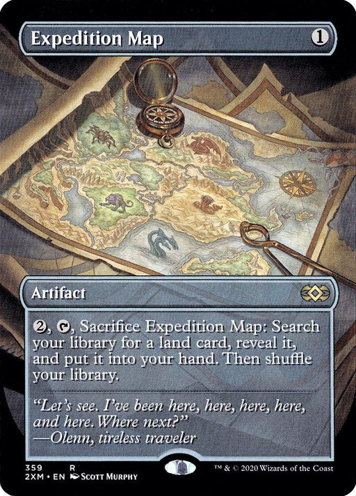 A Magic: The Gathering card titled "Expedition Map (Toppers) [Double Masters]" from the Double Masters set. The image depicts an ancient map with detailed illustrations and a compass. This artifact card has a mana cost of 1 and its ability allows you to search your library for a land card by paying 2 and sacrificing the map.