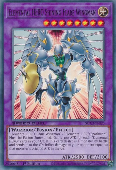 A Yu-Gi-Oh! trading card titled "Elemental HERO Shining Flare Wingman [SGX3-ENI25] Common." It depicts a muscular, armored superhero with green and metallic wings and glowing green eyes. This Fusion Monster has 2500 attack points and 2100 defense points. Its fusion requirements and special abilities are detailed in the text box.