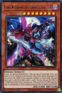 A Yu-Gi-Oh! Ultra Rare trading card featuring "Evil Twins Ki-sikil & Lil-la [GEIM-EN017]," a Fiend/Effect monster from the Genesis Impact set. The card showcases two vibrant, anime-style characters in colorful attire poised in dynamic combat stances. The text details special summoning conditions and attack/defense values (2200/2200).
