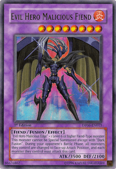 A "Yu-Gi-Oh!" trading card design featuring Evil Hero Malicious Fiend [DP06-EN013] Ultra Rare, a Fiend/Fusion/Effect monster with 3500 ATK and 2100 DEF. Created through Dark Fusion, the dark-armored figure, reminiscent of Evil Hero Malicious Edge, stands menacingly against a purple background with a translucent pentagram. Text and stats below.