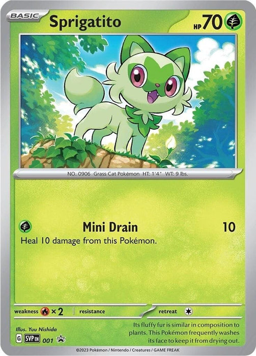 A Pokémon Sprigatito (001) [Scarlet & Violet: Black Star Promos] card featuring a grass-type green cat-like creature with large green eyes and a leaf-like fur collar. It has 70 HP and the move "Mini Drain" which heals 10 damage. The background is an enchanted forest, illustrated by Yo Nishida. Part of the Scarlet & Violet series, it is labeled 001/198.