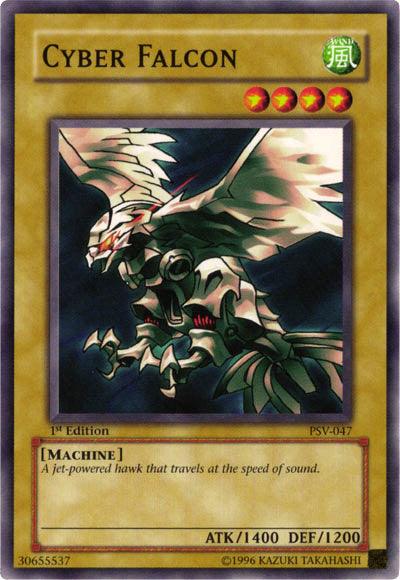 The Yu-Gi-Oh! card "Cyber Falcon [PSV-047] Common" features a jet-powered hawk with a sleek metallic design. This Normal Monster from the Pharaoh's Servant series has 1400 attack and 1200 defense points, set against a dark green background with gold-framed name and stats for elegance.