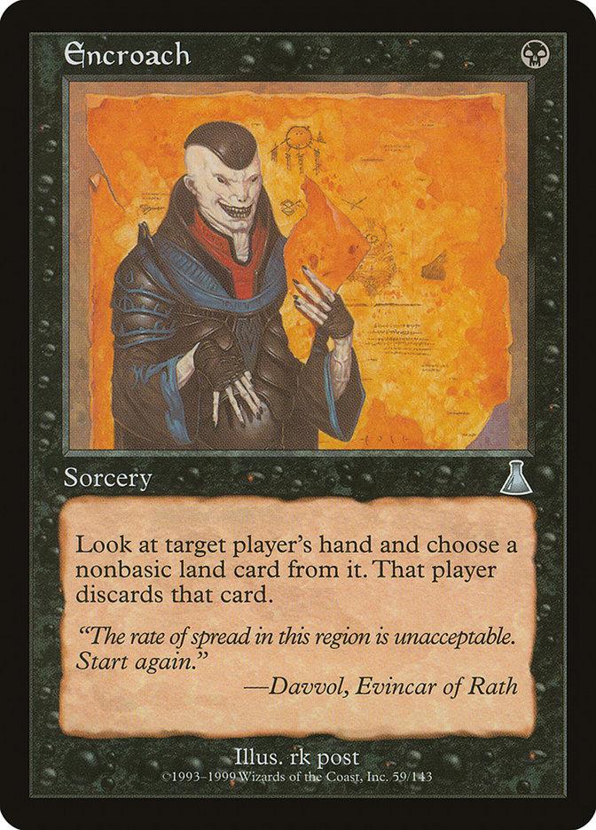 A **Magic: The Gathering** trading card from **Urza's Destiny** named "**Encroach [Urza's Destiny]**." The card's border is black, with the type "Sorcery" in the center at the top. The illustration shows a sinister figure holding a scroll, surrounded by mystical symbols. The text explains its effect: forcing a player to discard a nonbasic land card.