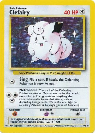 Product image of a Clefairy (5/102) from the Pokémon Base Set Unlimited. This Colorless, pink fairy Pokémon with a crescent moon on its forehead has 40 HP and includes attacks such as 