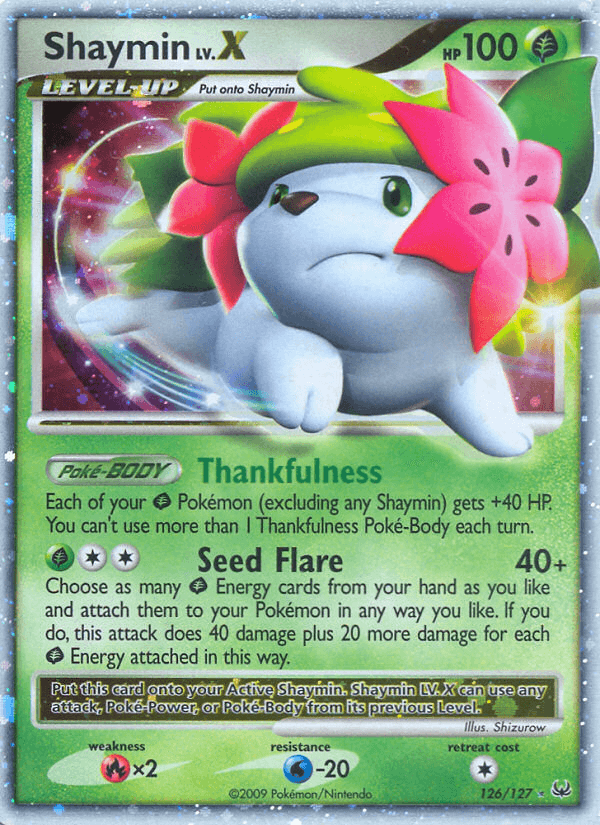 A Pokémon trading card featuring **Shaymin LV.X (126/127) [Platinum: Base Set]**. Shaymin is depicted as a small, white, hedgehog-like creature with a grassy back and pink flower adornments. This Ultra Rare card details its HP of 100, abilities “Thankfulness” and “Seed Flare,” along with various game-related statistics and information.
