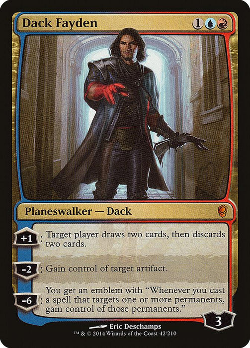 The image is of a Magic: The Gathering card named "Dack Fayden [Conspiracy]," a Legendary Planeswalker. It features a male character with long dark hair, a red glove, and a blue coat standing in an arched hallway. His abilities include drawing cards, gaining control of artifacts, and creating an emblem.