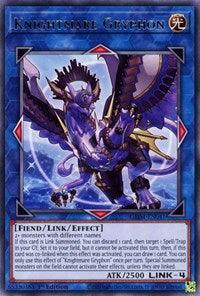 The image is a Yu-Gi-Oh! trading card titled "Knightmare Gryphon [GEIM-EN041] Rare." It features an armored, winged creature with purple and gold accents soaring over blue terrain. The card has ATK of 2500 and is a LINK 4/FIEND/LINK/EFFECT type, with abilities that enhance the power of Special Summoned monsters detailed in the text box.