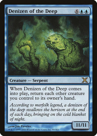 The Magic: The Gathering card "Denizen of the Deep [Tenth Edition]" features a powerful Creature — Serpent, depicted as a multi-limbed green beast emerging from stormy seas, framed by a grey-blue border. Requiring six blue mana, it boasts power/toughness of 11/11.